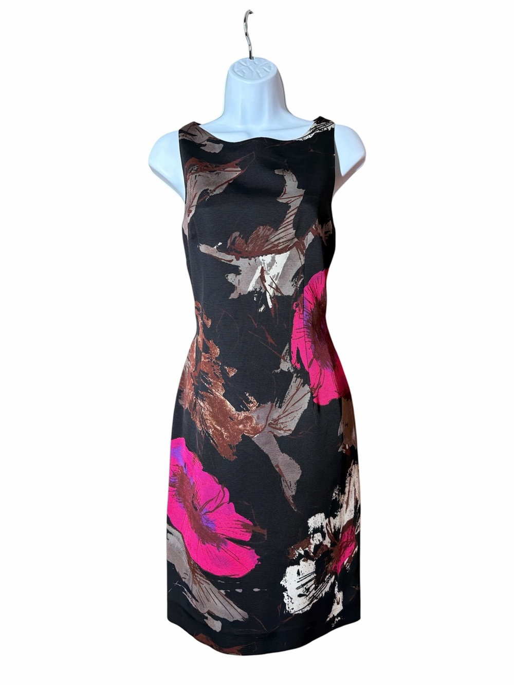 Helene Berman Black Midi Floral Sheath Dress with Fuchsia/Brown Accent